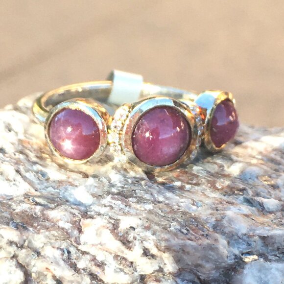 Natural Star Ruby .925 Ring Genuine Gems Sterling Silver Trilogy - Picture 5 of 9